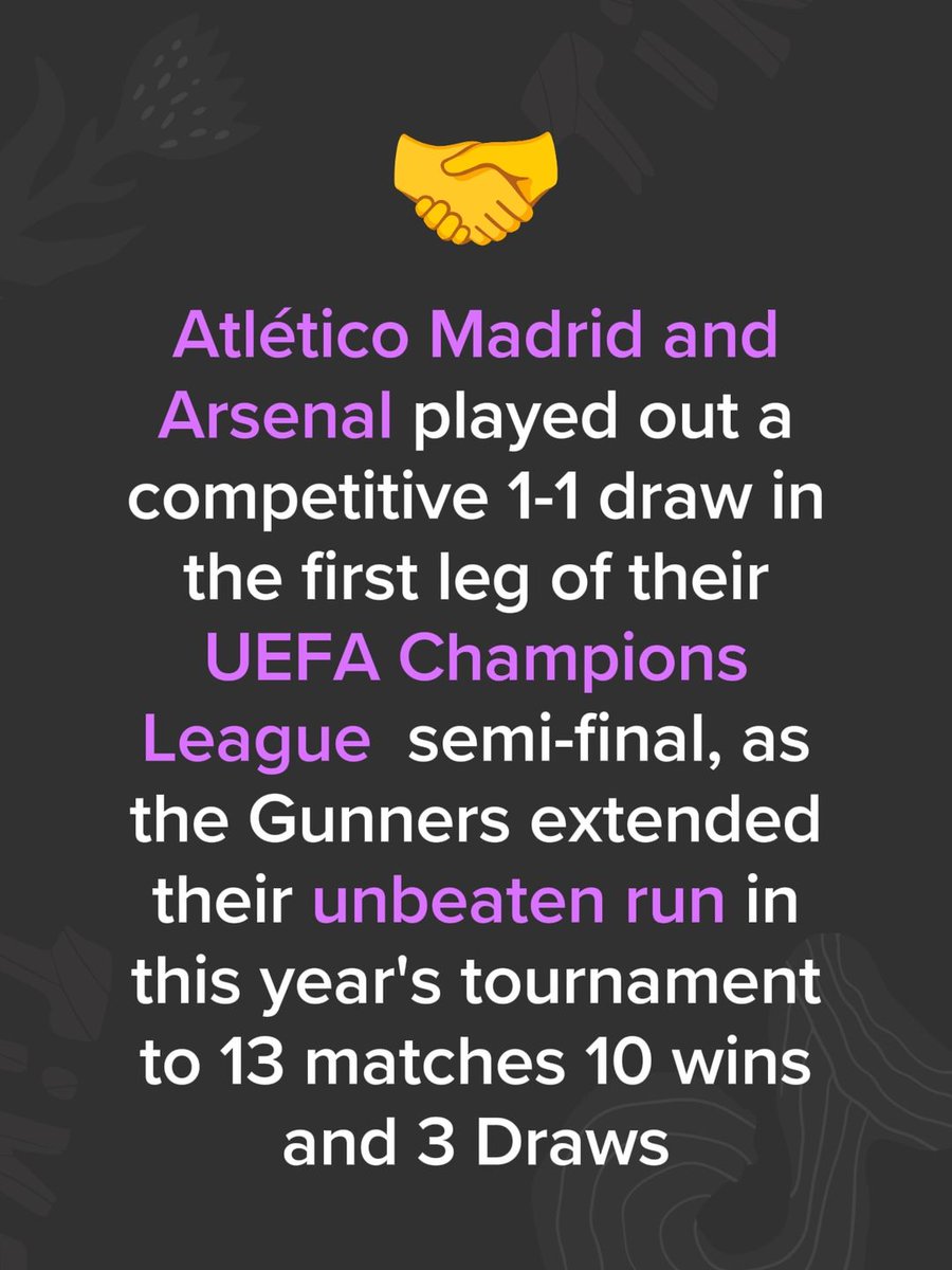 Arsenal and Atletico Madrid battled to a 1-1 draw in the first leg of the semi-final.
Second leg loading… who’s booking that final ticket? 👀🏆
#ChampionsLeague #Arsenal #AtleticoMadrid #FootballNight #RoadToFinal