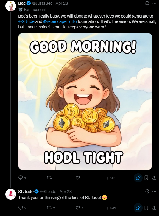 DigitialOptimus's tweet photo. stjude replied to a coin donating to them yesterday how has no one seen this yet??

HTqFdGWxCkYpcHuHyLK1tffRECuFoSrxuFbujm6pump

https://t.co/dX1kRIriJU https://t.co/Qpr7Ww8a5a