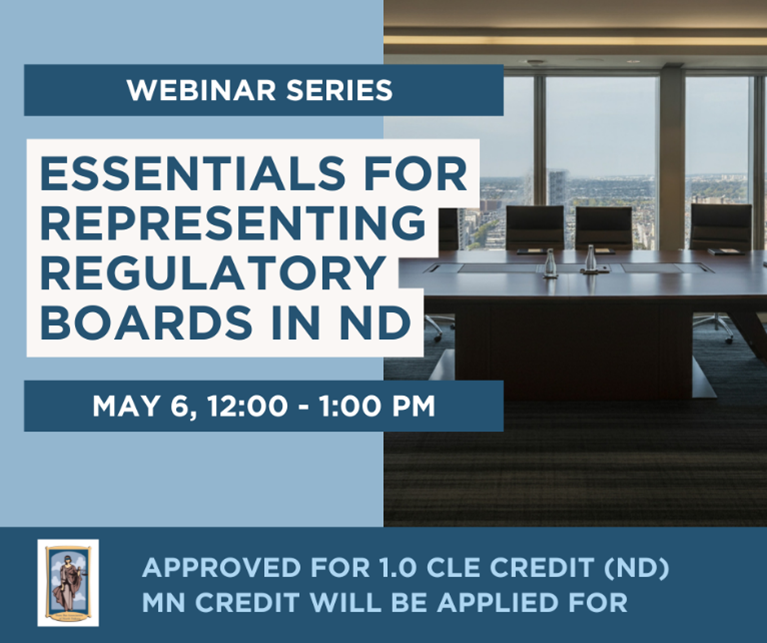StateBarND's tweet photo. Join us for the third webinar in our special series, which will provide insights for anyone representing regulatory boards in the state of North Dakota.  Learn more and register here: https://t.co/sbmBW97uhT https://t.co/3yzutuznxu