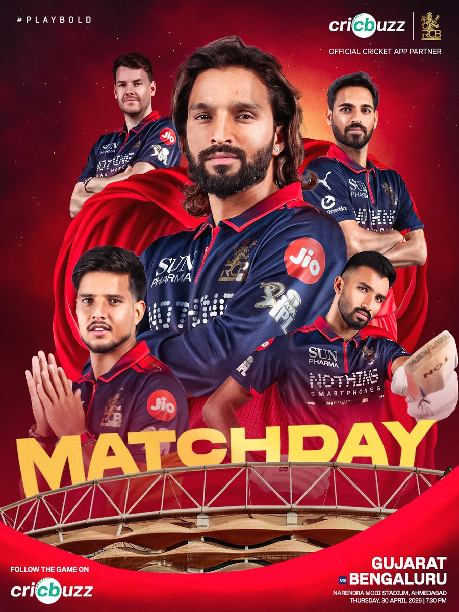 RCBTweets's tweet photo. Game numero 9️⃣, and the road trip continues as we roll into Ahmedabad tonight. 🤩

Two dominant wins on the bounce, and tonight, our aim is to complete a hat-trick of wins. 🎯🔥

Pack the stands, bring the decibels and let's make it feel like home. 12th Man Army, see you tonight. ❤️

Catch all the updates - before, during, and after the match - only on @cricbuzz 📲

#PlayBold #ನಮ್ಮRCB #IPL2026