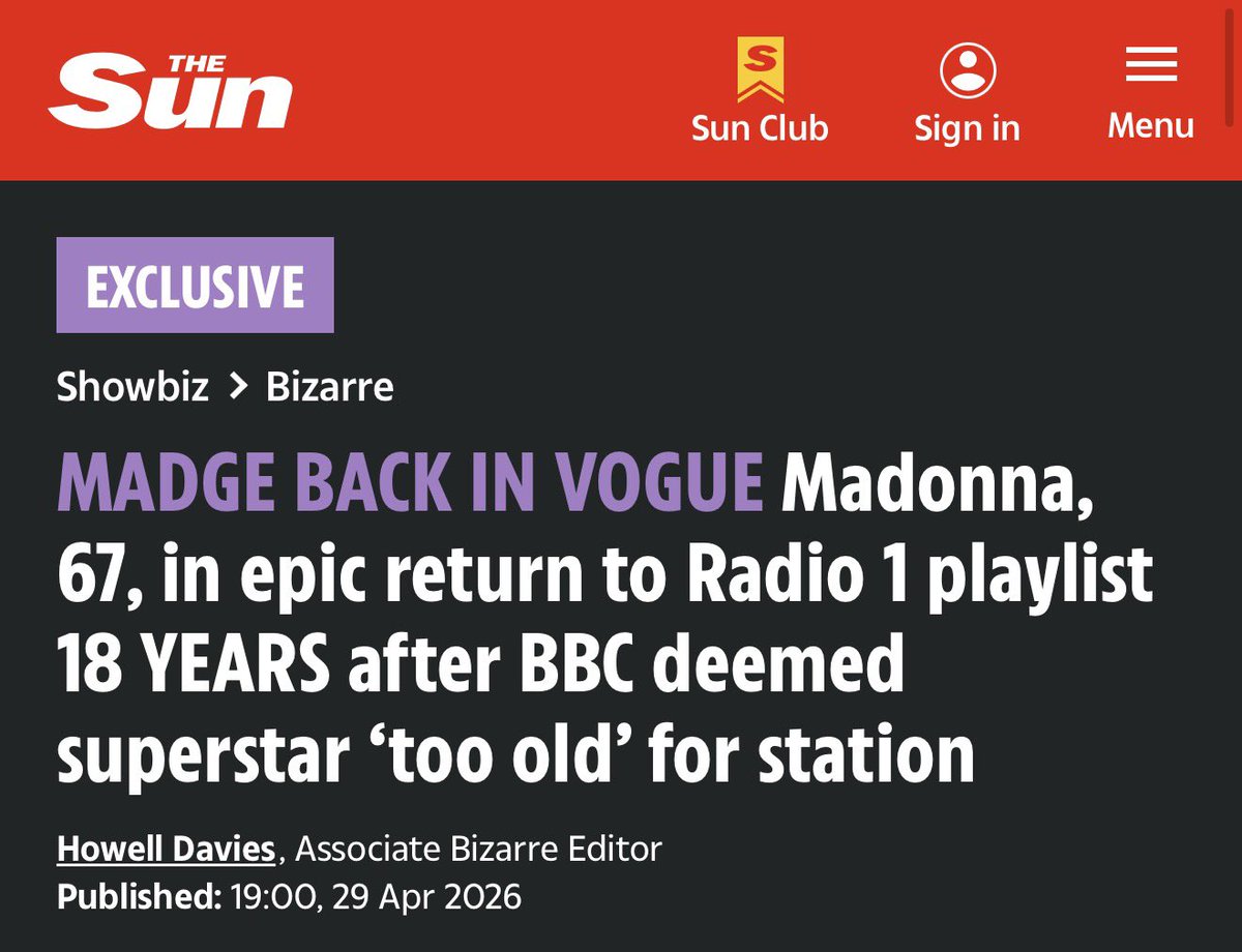 As revealed exclusively by The Sun, Madonna is BACK on BBC Radio 1’s playlist for the first time in 18 years — the same station that once said she was “too old” for their audience.

New single Bring Your Love with Sabrina Carpenter has landed on the A List even before its