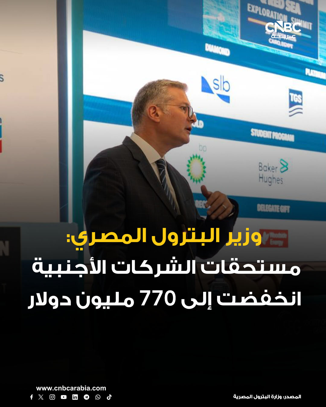 وزير البترول المصري كريم بدوي: مستحقات الشركات الأجنبية انخفضت إلى 770 مليون دولار حالياً من 6.1 مليار دولار في يونيو/ حزيران 2024 