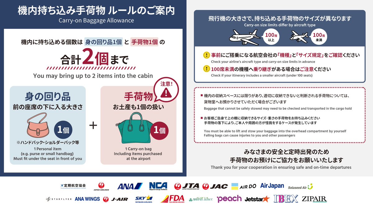 【機内持ち込み手荷物ルールのご案内】
・機内に持ち込めるのは合計2個まで！
・お客さまご自身で上の棚に収納できるサイズ・重さにしてください！