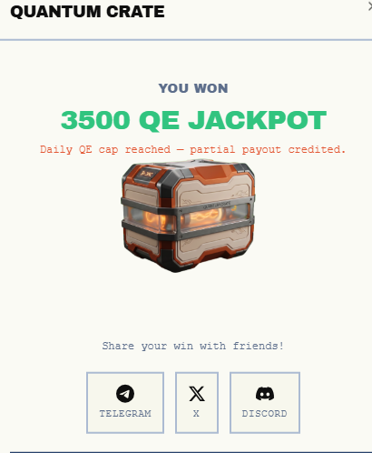 ezeukoh's tweet photo. I just hit 3500 QE JACKPOT from a Quantum Crate on DAC Network! 🎉 https://t.co/o5SgRgbgHV https://t.co/JoOl3jcoCk