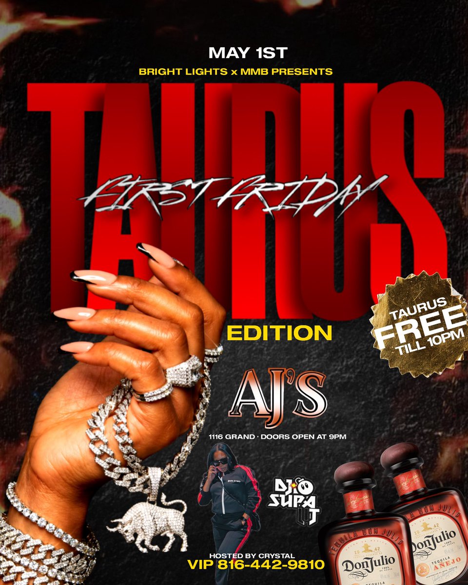 MMBliving's tweet image. #KcFirstFriday is back this FRIDAY at #AJs 1116 Grand 🔥 Taurus ♉️ Edition 🐂 Doors open at 9pm 🚨

GET TICKETS NOW 👉🏽 eventbrite.com/e/first-friday…