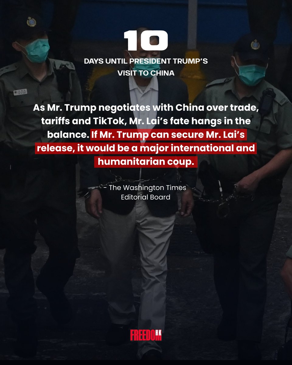 thecfhk's tweet image. Before his second term, President Trump vowed to #FreeJimmyLai: "100% I'll get him out. He'll be easy to get out." Today, Lai remains in solitary confinement in #HongKong's Stanley Prison —a diabetic in declining health, and serving a 20-year sentence simply for journalism.

As