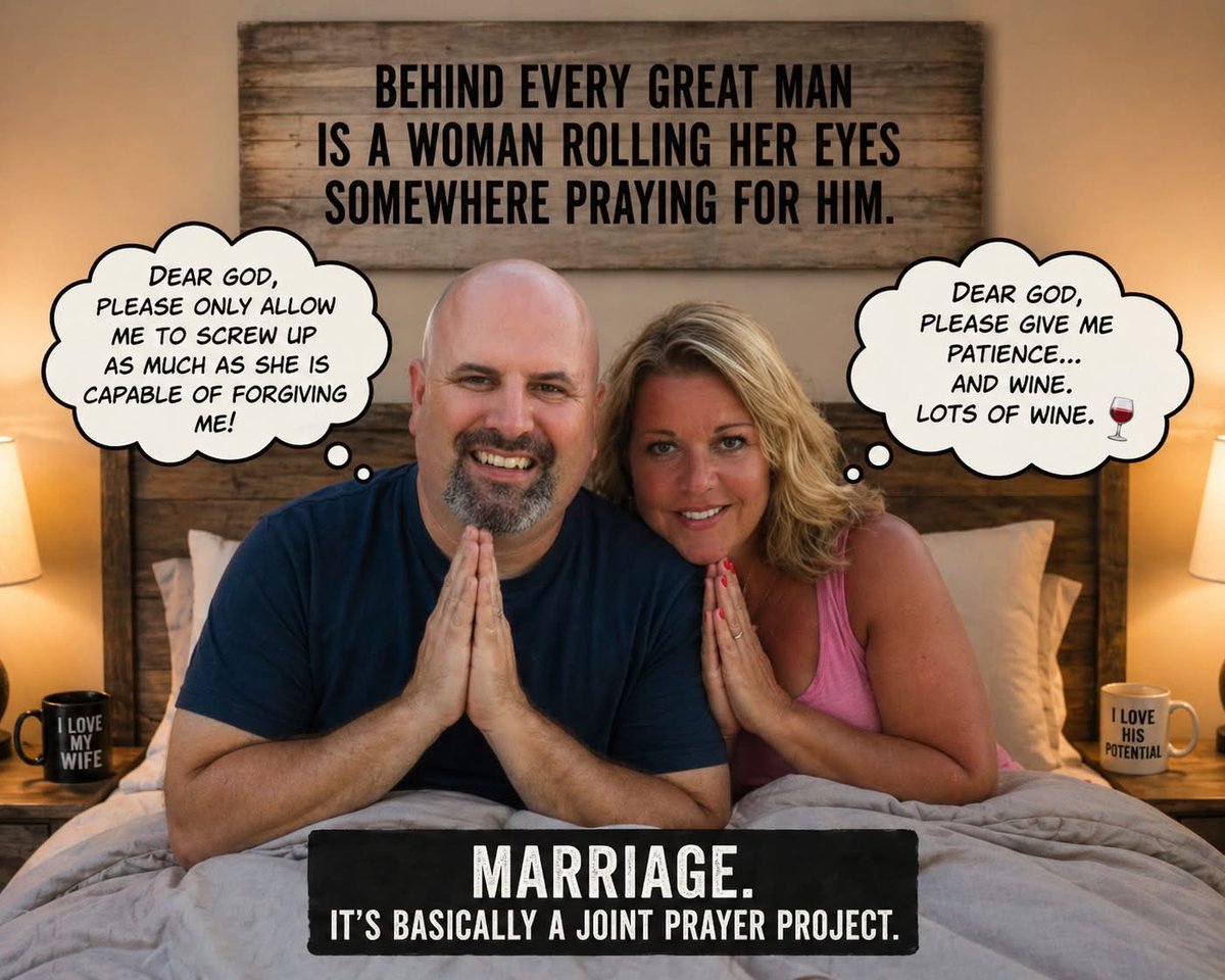 ToddMBarry's tweet photo. Someone once asked me, “What’s the secret to a long, happy marriage?”

I said, “Prayer.”

Every morning I wake up and say:  “Dear God, only allow me to screw up as much as she is capable of forgiving me!”

Weekends?  I double down… just in case 🙏😅 😬🙏 https://t.co/Ul86nA7xRb