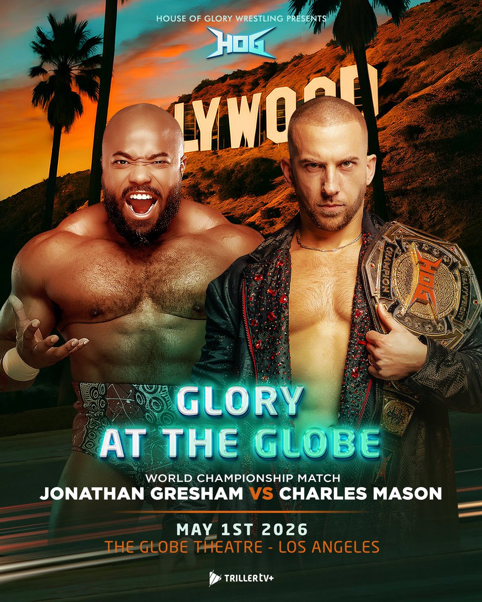 HOGwrestling's tweet photo. LOS ANGELES… THIS FRIDAY ⚔️🔥

 🔥WORLD CHAMPIONSHIP MATCH 🔥
         GRESHAM vs MASON
@TheJonGresham @CharlesMas0n 

🎟️ Get your Tickets NOW
https://t.co/JrM6aZej8p https://t.co/ygyl6j9WaR