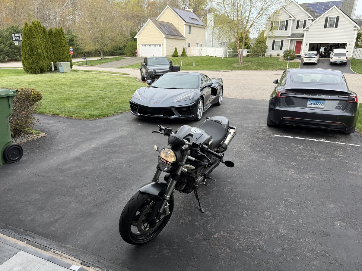 jeff_keenan's tweet photo. Entire fleet is out today! #ducati696 #c8corvette #model3performance #rivianr1t https://t.co/CHNS649nkj