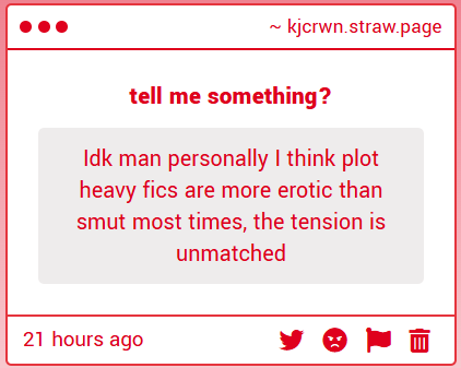 hm... yeah tho i'd say plot heavy fics lead to more intensity rather than erotic?
still, yall pray i manage to avoid making it too clinical 🫠🫠
luckily, i've had a lot of practice writing tension!! i hope it makes up for the probably mediocre smut ahah
kjcrwn.straw.page
