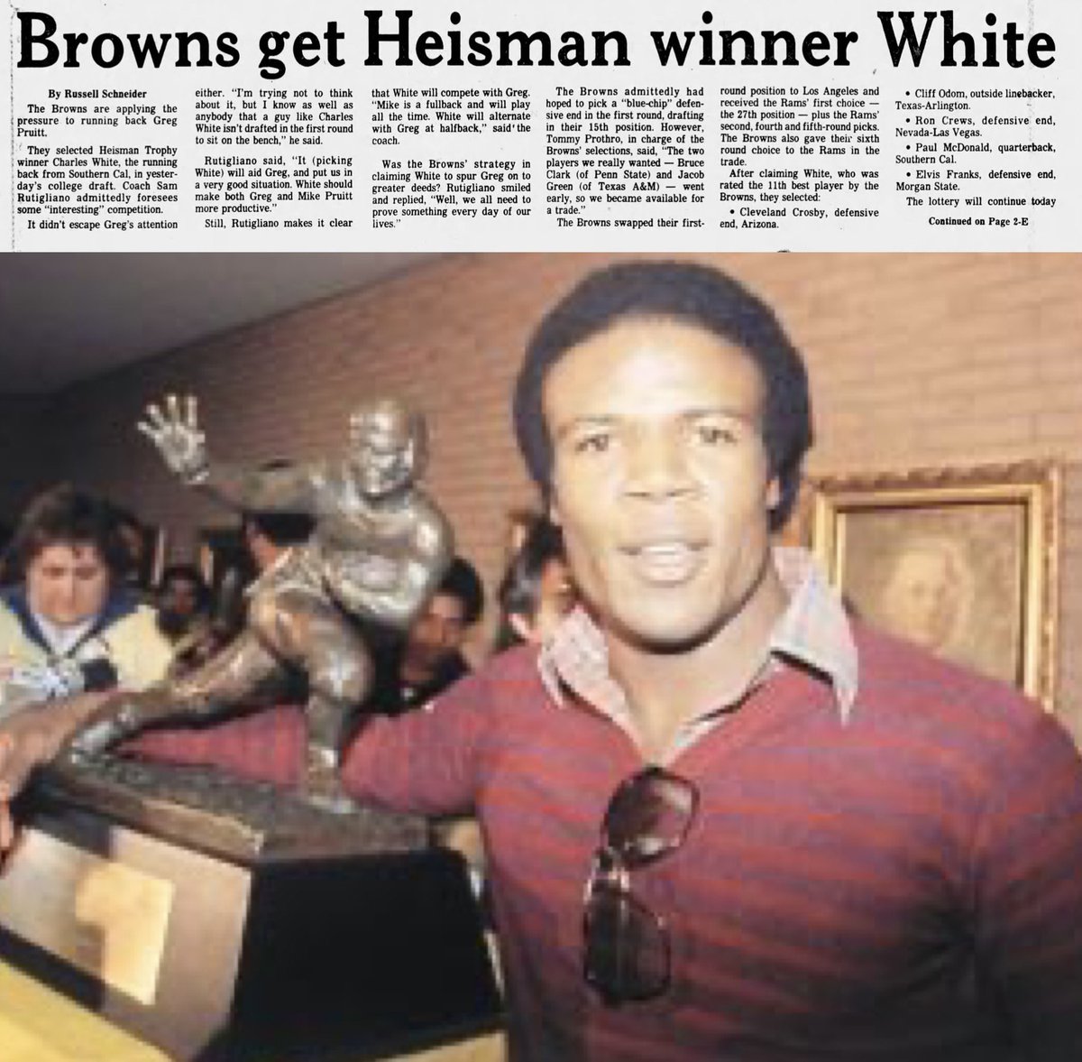 MrCleveland_216's tweet image. April 29, 1980: Heisman Drafted🏈

“With the 27th pick in 1st Rnd of NFL Draft, the Cleveland Browns select…

Charles White - RB - USC”

#DawgPound

The Heisman🏆winner brought in to challenge RB Greg Pruitt

4 yrs in CLE, struggled w/ drugs, remade career in LA

#InnerCircle🙏