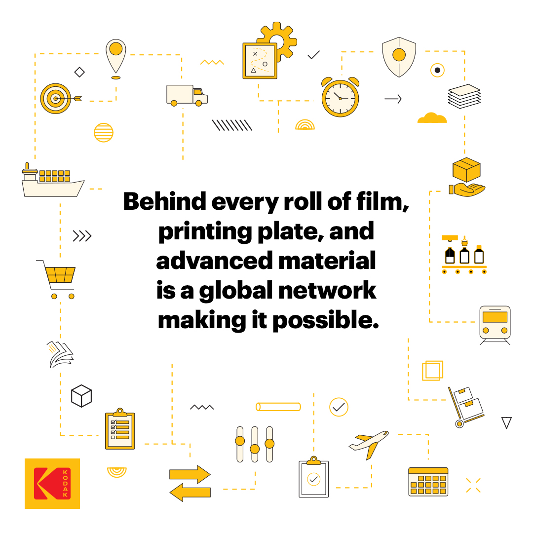 Kodak's tweet image. From film to printing plates and advanced materials, a global network keeps Kodak products moving.

On #NationalSupplyChainDay we recognize the teams and partners who help deliver reliability at every step.

#Manufacturing #Kodak