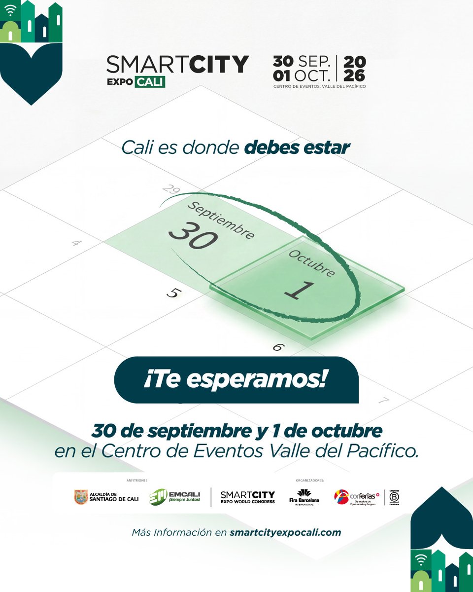 SmartCityCali's tweet photo. ¡Save the date! Cali será anfitriona de Smart City Expo, el encuentro clave de innovación urbana.

La cita es el 30 de septiembre - 1 de octubre de 2026

Realiza tu registro profesional en: https://t.co/Ta3HoXiIcd

Más información en https://t.co/gjMvuNhNPH

@AlcaldiaDeCali https://t.co/wUSzREcLUc
