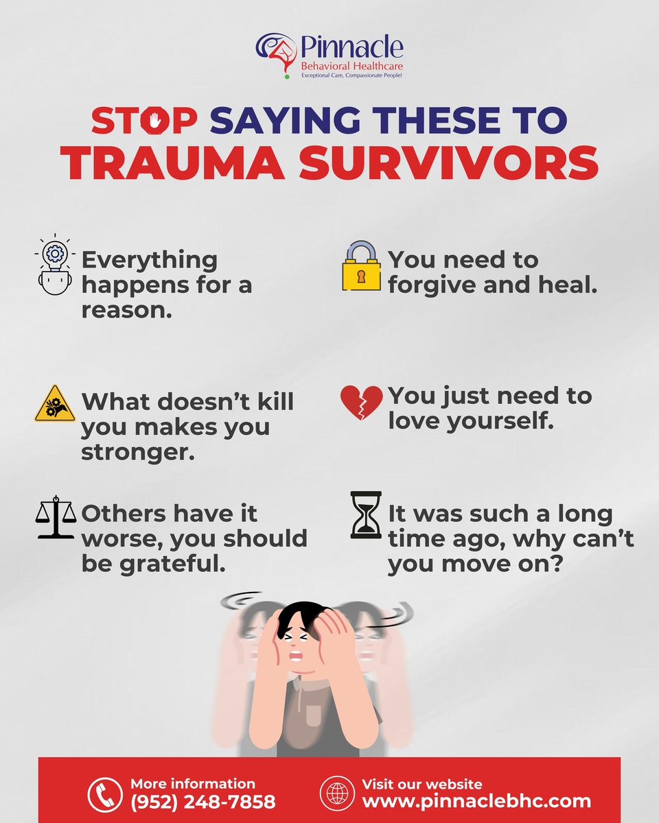 PinnacleBHC's tweet image. When someone opens up about their trauma, our response can either be a bridge to healing or a barrier to recovery. Often, people mean well, but "standard" phrases can unintentionally minimize a survivor's experience.

#PinnacleBHC #TraumaRecovery #safespaces #empathyinaction