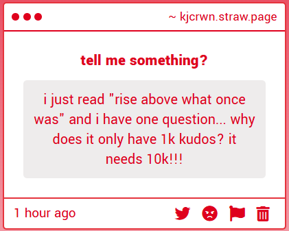 !! the titans au!!!!
god, i still think about that one quite a bit myself
wahhh, you're too kind, i can only dream of stats like that fvdkvbd
thank you so much, i'm really happy that you enjoyed it <333
kjcrwn.straw.page