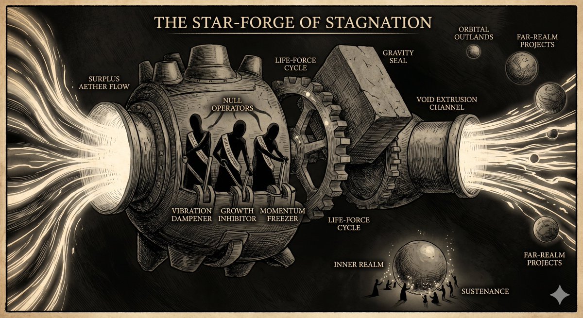edmondantes6202's tweet image. 📌 Post 2 — “The Surplus Aether Flow”
On the left side of the machine, a giant funnel labeled SURPLUS AETHER FLOW   absorbs overflowing cosmic energy. Instead of fueling growth, the energy is swallowed whole. bakurochonote.blogspot.com/2026/04/episod… #worldbuilding #economy #satire