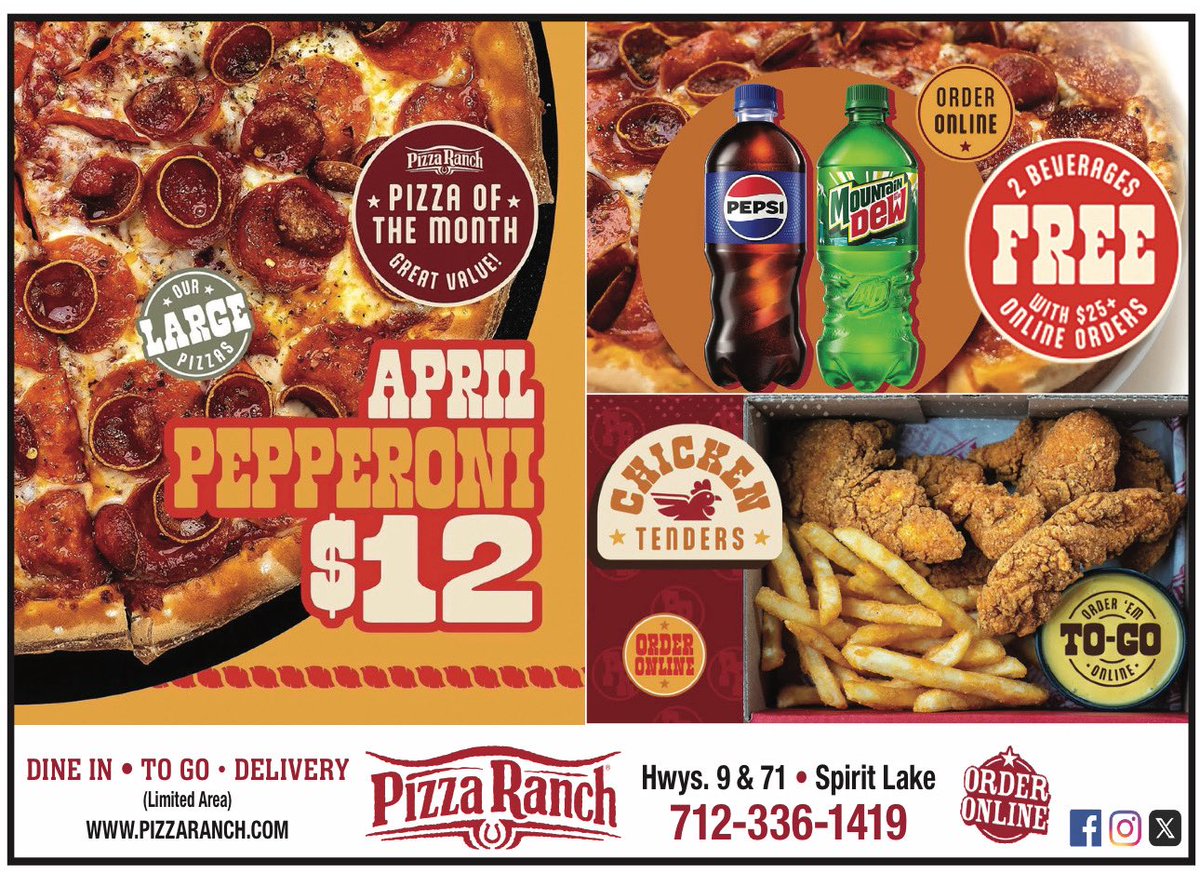 PizzaRanchSL's tweet image. Pizza Ranch #1 pick Order Today ! 🍕🍗🥗🍪🍦. 8 pc chicken $14.  2 Medium Single-Topping &amp;amp; Specialty Pizzas for $22! 🍕  Large Pepperoni $12
Buffet Daily 11-2. / 5-8 712-336-1419 #DELIVERY 🚗TO GO! 👍🍕@followers #shoplocalboji The Chamber of the Iowa