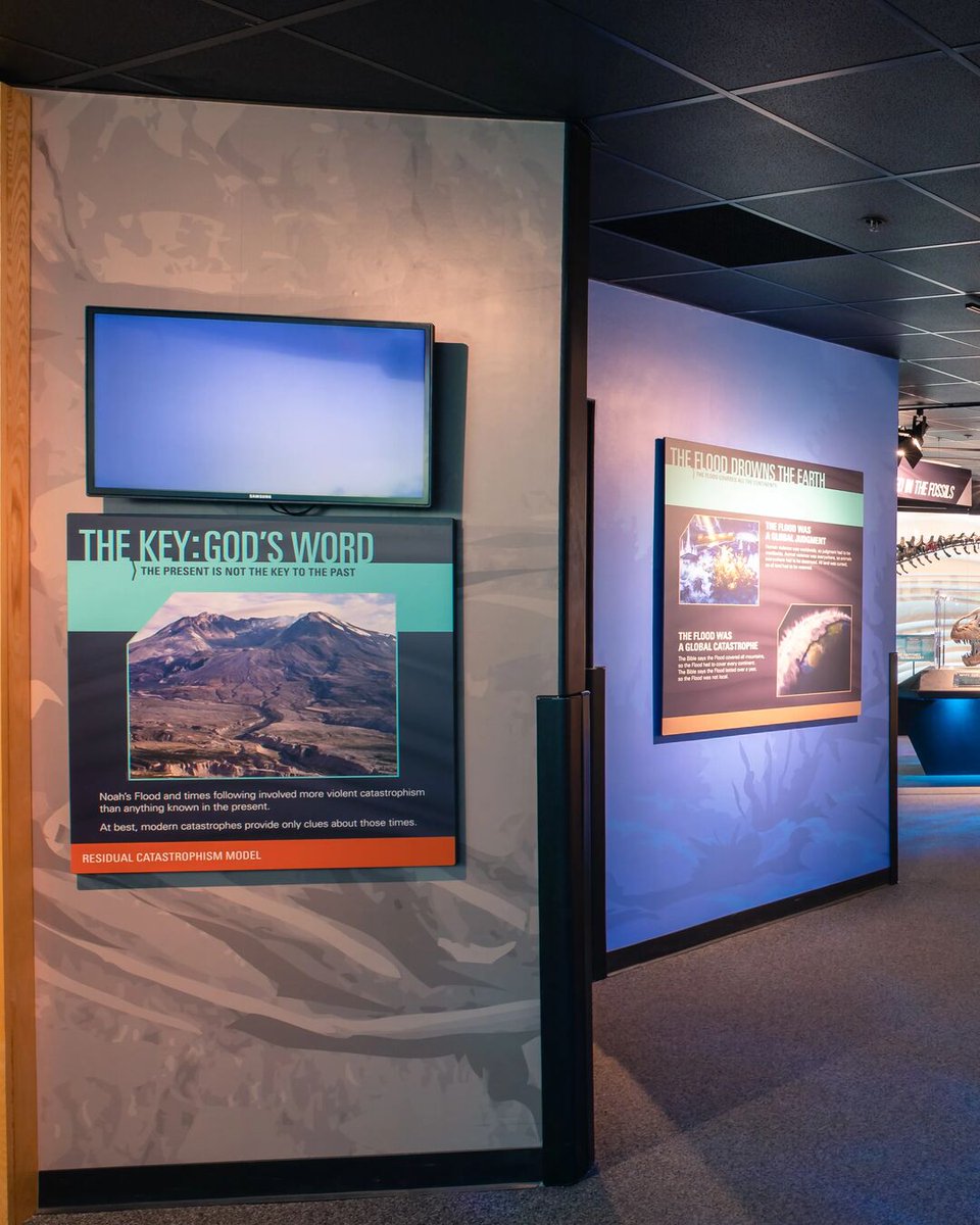 CreationMuseum's tweet photo. As the floodwaters covered the earth and then receded, the face of the earth was reshaped and eventually developed into the landscape and formations seen today.

From the fossils to the mountains and continents that formed, the earth still bears the marks of the biblical flood.

Numerous videos, detailed signs, a breathtaking mural, and dioramas of Mount St. Helens and the Grand Canyon located within the museum’s Flood Geology Room explain many of the evidences concerning the global Flood of Noah’s day.