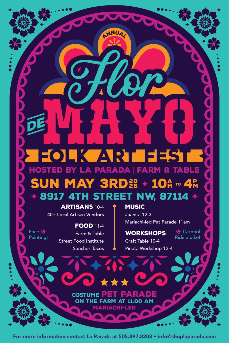 ABQtodo's tweet photo. Flor de Mayo Folk Art Fest is back at La Parada / Farm & Table on May 3, 10 AM to 4 PM ๐ป
๐จ 45 artisan vendors
๐พ Mariachi-led pet parade
๐ถ Live music by Juanita
๐ฎ Food
๐ Kids crafts & workshops
Bring the whole family (and your pup ๐ถ) for free! #ABQToDo https://t.co/Hlo4hE7Sop