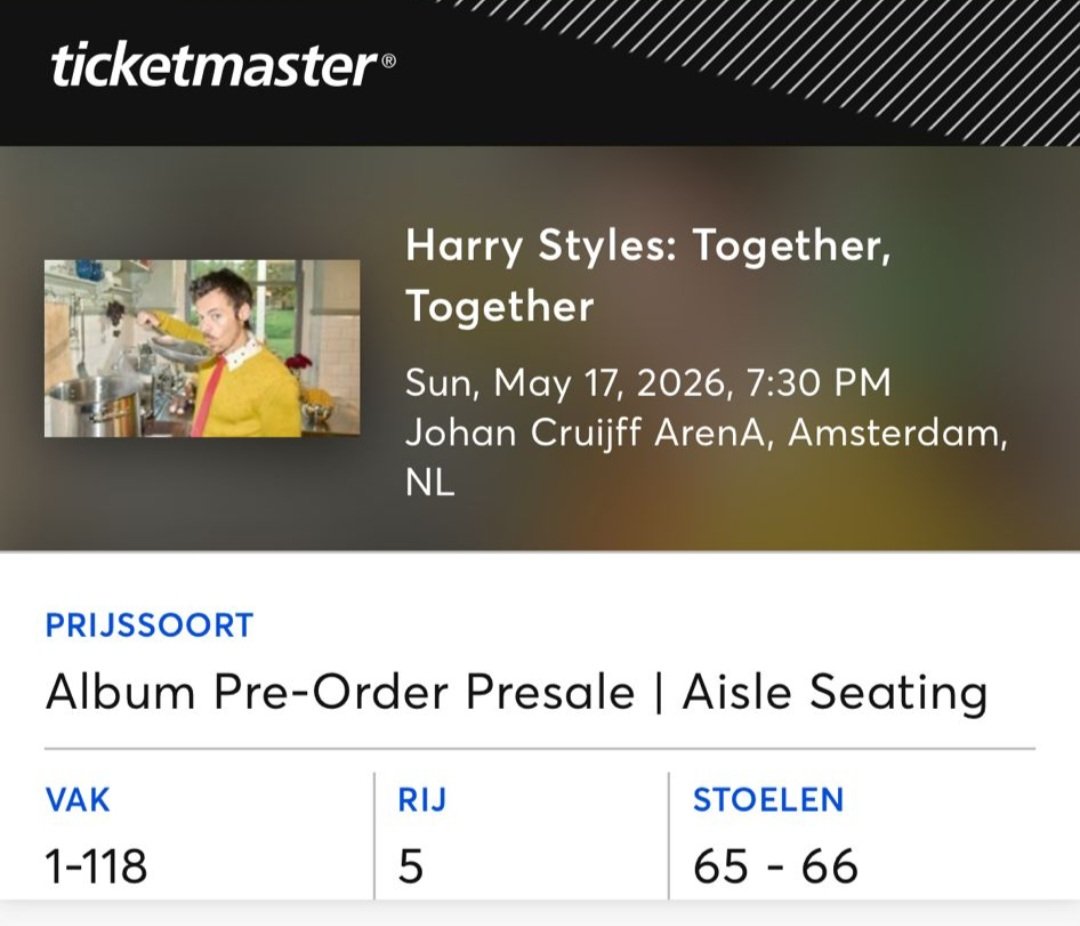 purplesectorss's tweet image. WTS Harry Styles Tickets 
🗓️ Sunday May 17 Amsterdam ArenA
📍2x Aisle seats, section 1-118, row 5, seats 65-66
💶 218€ each including fees (face value 220€)
Resale through official Ticketmaster platform
secure.ticketmaster.nl/rs/321168897/l…

#HarryStyles #TogetherTogether #Amsterdam #Resale
