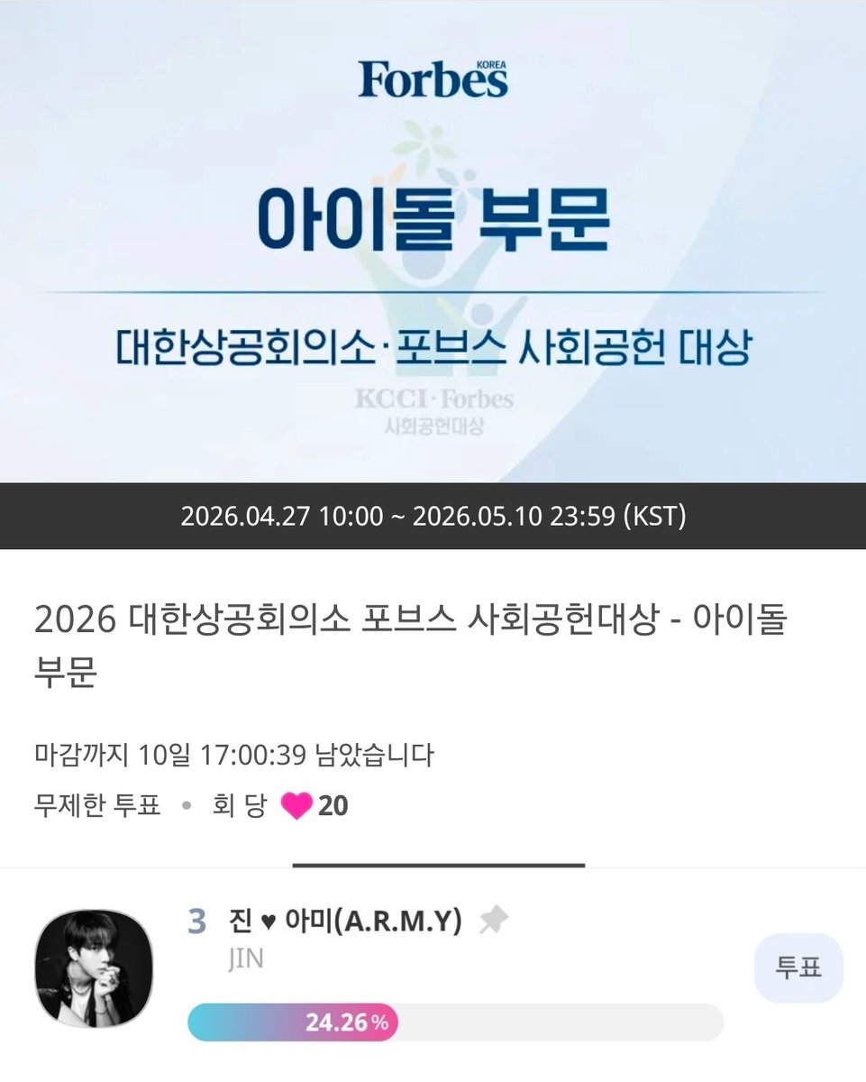 so240bhs's tweet image. 📊 2026 대한상공회의소 포브스 사회공헌대상 – 아이돌 부문
📅 2026.04.27 10:00 ~ 2026.05.10 23:59 (KST)

❤️ 무제한 투표 (1회당 20 하트)
⏳ 마감 전까지 꾸준히 쌓기
👇 지금 바로 참여
promo-web.idolchamp.com/app_proxy.html…

#Jin #방탄소년단진