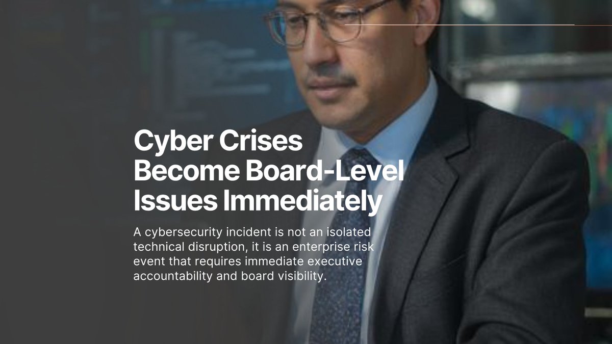 IsabelaPublic's tweet photo. Cyber crises become board-level issues immediately.

When risk or operations are unclear, directors assess leadership, not technical details.

If leaders can’t define the situation and response, oversight escalates.

Clarity and control matter most in a crisis. https://t.co/BXvk9KrIhl