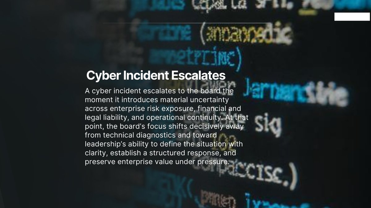 IsabelaPublic's tweet photo. Cyber crises become board-level issues immediately.

When risk or operations are unclear, directors assess leadership, not technical details.

If leaders can’t define the situation and response, oversight escalates.

Clarity and control matter most in a crisis. https://t.co/BXvk9KrIhl