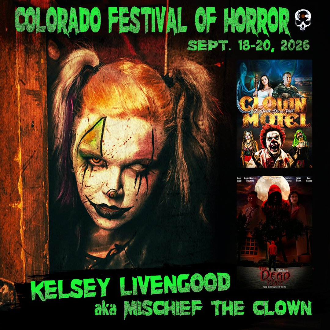 CCofoh's tweet photo. Step right up… and into the spell circle. Colorado Festival of Horror is thrilled to welcome Kelsey Livengood—the chaotic force behind Mischief the Clown—to our 6th Annual Colorado Festival of Horror: Clowns vs. Witches at the Denver Marriott Tech Center! https://t.co/cV10o6p024