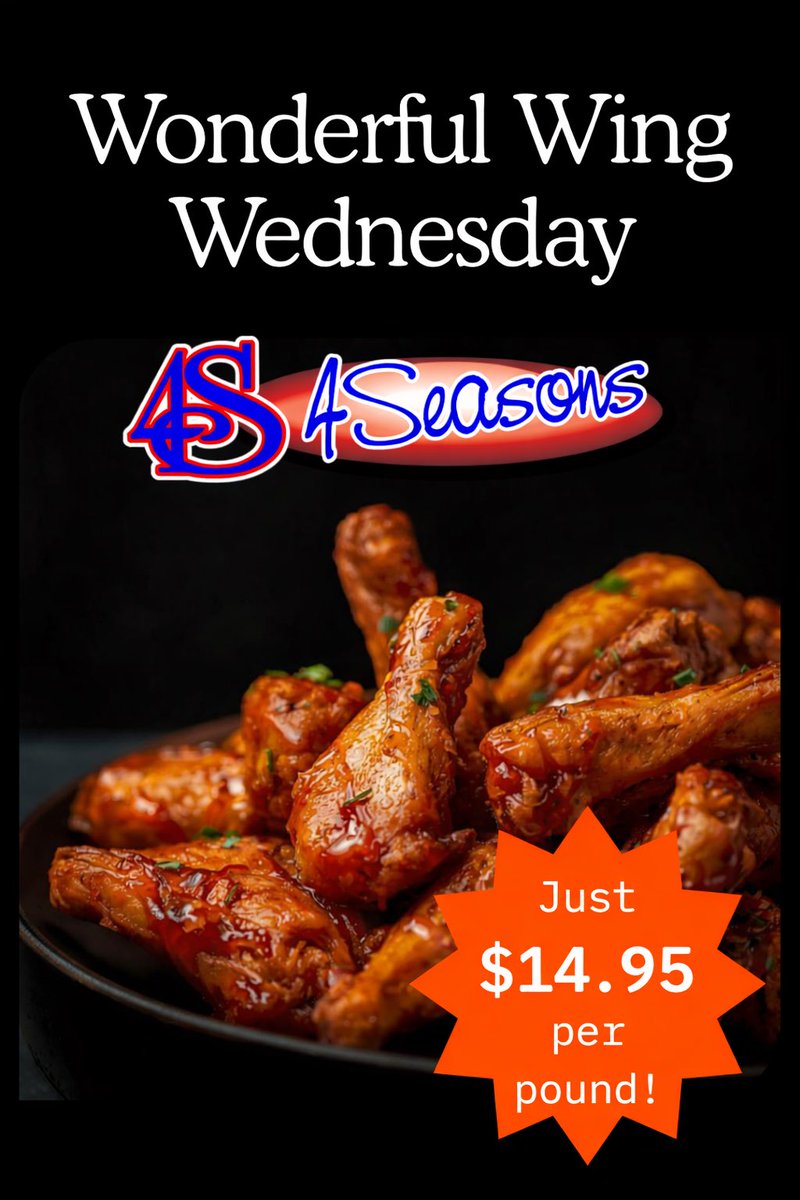 What a Wonderful Wing Wednesday at 4Seasons! 🍗🍺

Our awesome wings and 16oz O16 pints are on special, and the action on the screens is 🔥.

The Habs look to win Game 5 against the Lightning after an incredible series so far. Puck drop is 5pm. We’ll also have PIT vs PHI and VGK