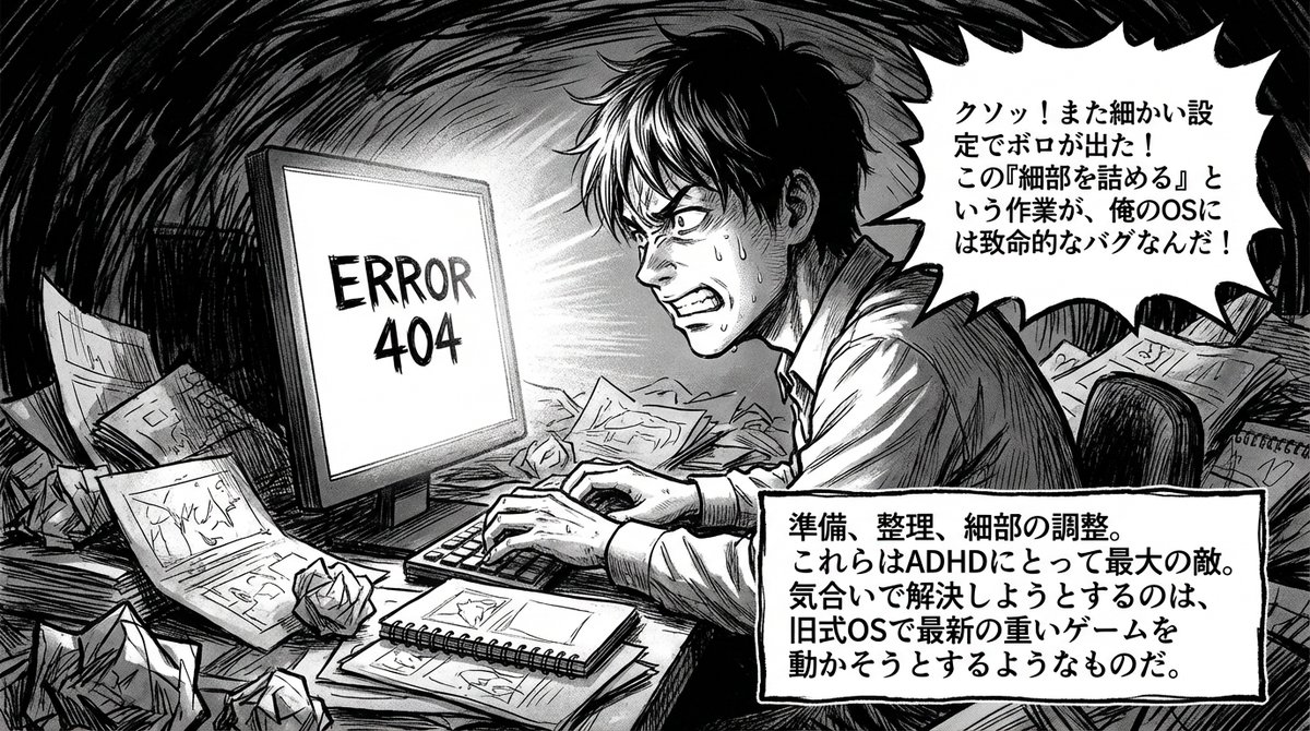 hack_sales_log's tweet image. ADHDの脳は高火力だが冷却不足で常にフリーズする。気合いで直すな。Claudeを「外部脳」として接続し、ポンコツな実行プロセスを丸投げしろ。思考の具現化こそが我々のOSの最適解だ。AIを外付けし、ボトルネックを物理的に排除せよ。 #ADHD #発達障害 #脳パ