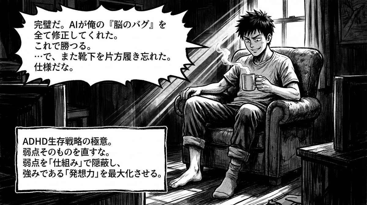 hack_sales_log's tweet image. ADHDの脳は高火力だが冷却不足で常にフリーズする。気合いで直すな。Claudeを「外部脳」として接続し、ポンコツな実行プロセスを丸投げしろ。思考の具現化こそが我々のOSの最適解だ。AIを外付けし、ボトルネックを物理的に排除せよ。 #ADHD #発達障害 #脳パ