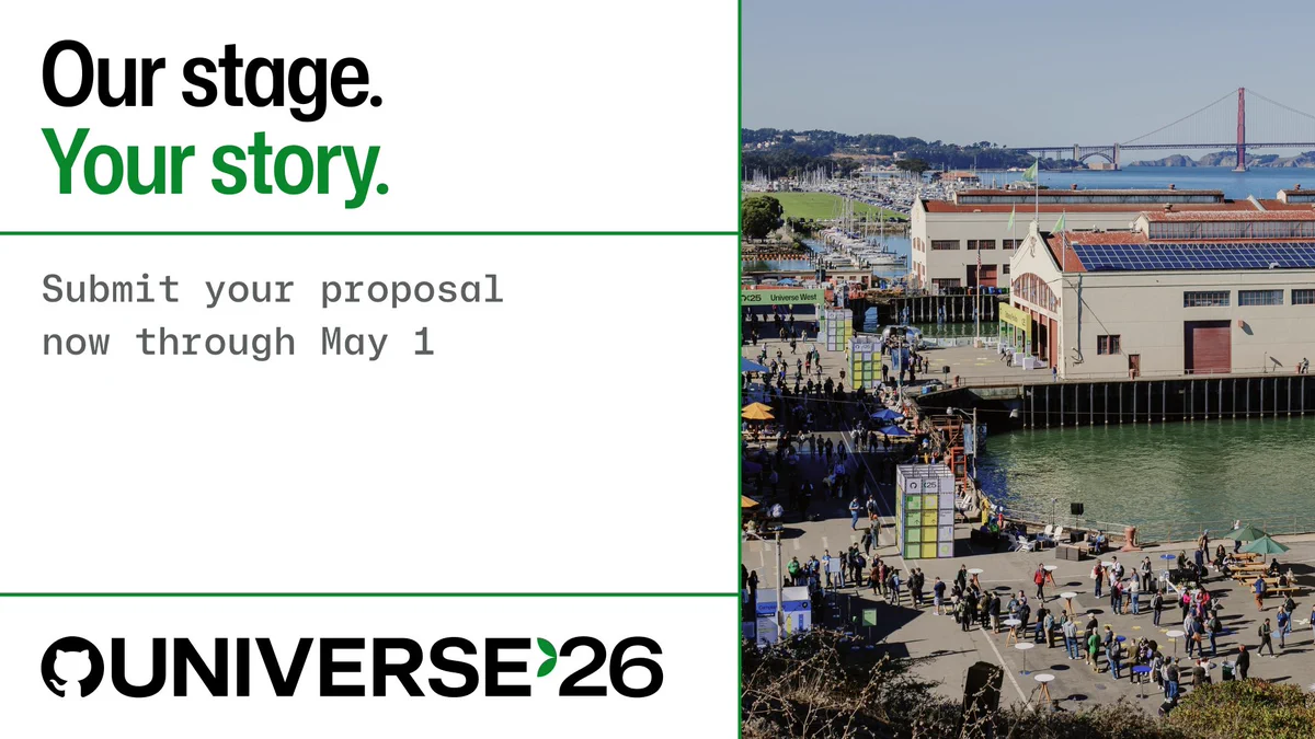 A promotional graphic for Universe 2026. The left side reads "Our stage. Your story. Submit your proposal now through May 1." The right side shows a busy waterfront scene with the Golden Gate Bridge visible in the background.