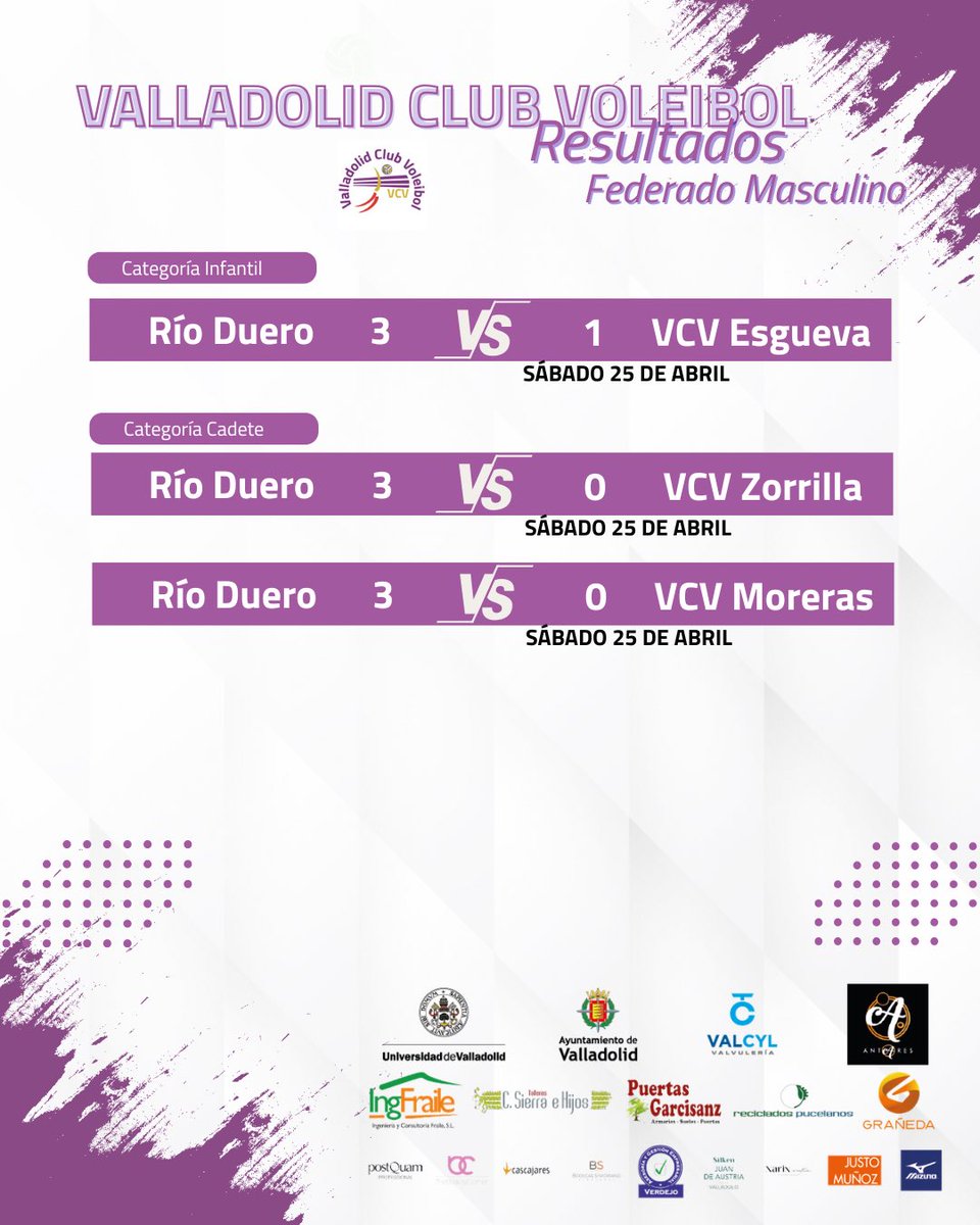 VCVoleibol's tweet photo. 🏐 Resultados de la jornada en la liga federada.
Nuestros equipos volvieron a la pista este fin de semana para seguir compitiendo y sumando experiencia.

💜 Seguimos trabajando y creciendo juntos jornada a jornada.

#OrgulloVCV #VoleibolConValores #ValladolidVoleibol https://t.co/pB62cqpIqK