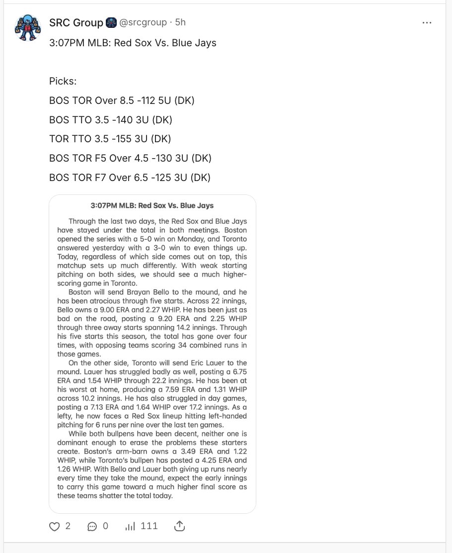 VIP So Far Today: 

⚾️5U Plays: 
BOS TOR Over 8.5✅
CHW +1✅

⚾️3U Plays: 
TOR TTO 3.5✅
BOS TOR F5 O4.5✅
BOS TOR F7 O6.5✅
LAA TTU 4.5✅
CHW F5 +0.5✅
CHW F7 +0.5❌
BOS TTO 3.5❌
CHW TTO 3.5❌