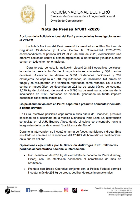 RegPolLamb's tweet photo. 𝐍𝐨𝐭𝐚 𝐝𝐞 𝐏𝐫𝐞𝐧𝐬𝐚 𝐍°𝟎𝟎𝟏 -𝟐𝟎𝟐𝟔
La Policía Nacional del Perú presentó los resultados del Plan Nacional de Seguridad Ciudadana y Lucha Contra la Criminalidad 2026–2028, correspondientes al periodo del 21 al 28 de abril de 2026. https://t.co/1WY5pH7C18