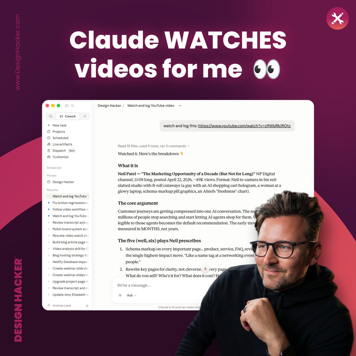 Andrew22Lane's tweet photo. My Claude Cowork WATCHES videos for me...

Dropped a YouTube link in Cowork. 
Here's what it did 👇

⋯ Watched the video 👀
⋯ Pulled frames + full transcript
⋯ Summarized the core argument
⋯ Spawned ideas tagged to my projects
⋯ Filed it to Notion
⋯ Scored it based on relevance to my goals
⋯ Saved transcript as a sub-page

Benefit: Every video turns into permanent, searchable knowledge in your library instead of an idea you forget by tomorrow.

👉 The magic is the CUSTOM SKILL. 

How I got Claude to actually WATCH videos:
⋯ yt-dlp downloads the video locally. Free, no API, works on 1000+ sites.
⋯ ffmpeg slices it into timestamped JPEG frames. Auto-scaled so a 10-minute video caps at 100 frames.
⋯ Native YouTube captions pull as the transcript. Free, baked into the video.
⋯ Whisper on Groq kicks in as fallback for raw uploads (Looms, Reels, local files). Free tier covers it.
⋯ Timestamps sync between frames and transcript.
⋯ Frame at 4:32 lines up with what's said at 4:32.
⋯ Claude reads frames + transcript together. Sees the graph AND reads the line at the same moment.
⋯ Token budget stays predictable. No premium video models or expensive APIs.

That's the whole trick. Frames + transcript = video Claude can read