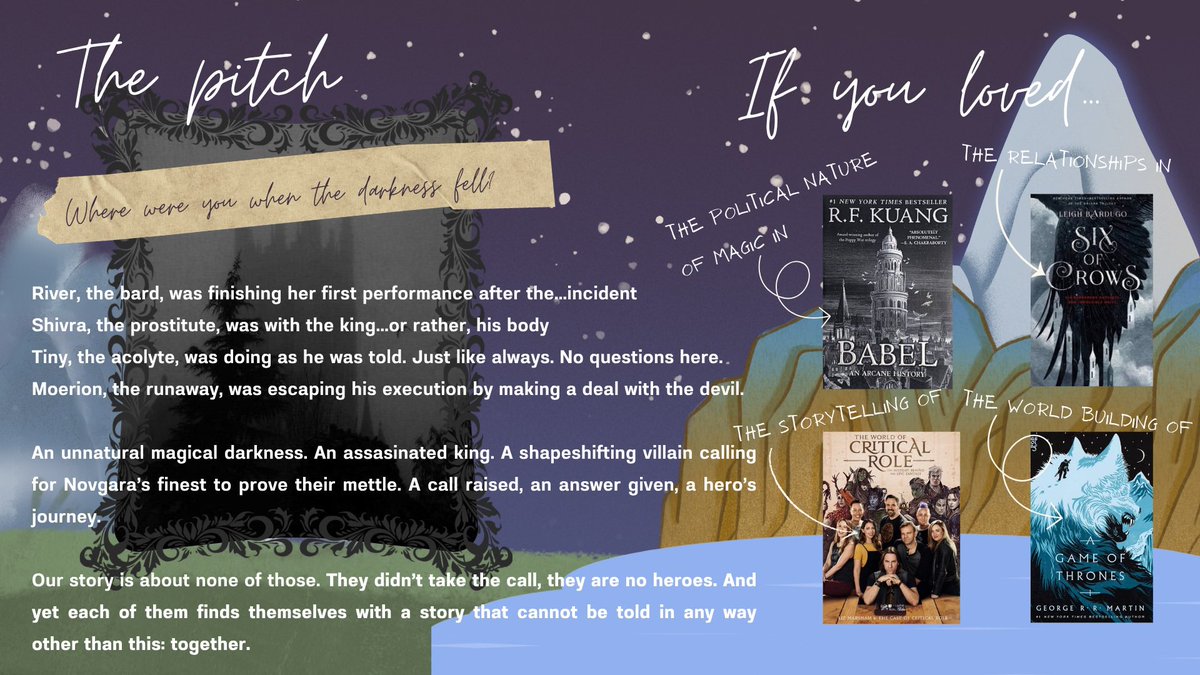 lnunnums's tweet photo. An agent's guide for FACE OF SHADOWS

There are no happy endings or tragedies here. Only stories. 

📌 DnD-inspired political fantasy
📌Diverse characters with found family dynamics 
📌Dealing with grief, trauma, and the weight of our stories  

#questpit #wip #F #A #agentsguide https://t.co/rpC3QP1fbI