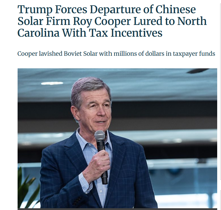 whatleywarroom's tweet photo. 🚨🚨🚨
Roy Cooper gave more than $32 million of North Carolinians hard earned dollars as tax incentives to a solar company owned by the Chinese Communist Party.

Roy Cooper doesn’t care about North Carolina. He sold out our state to the CCP to further his Green New Deal agenda. https://t.co/64ExvDcbwp
