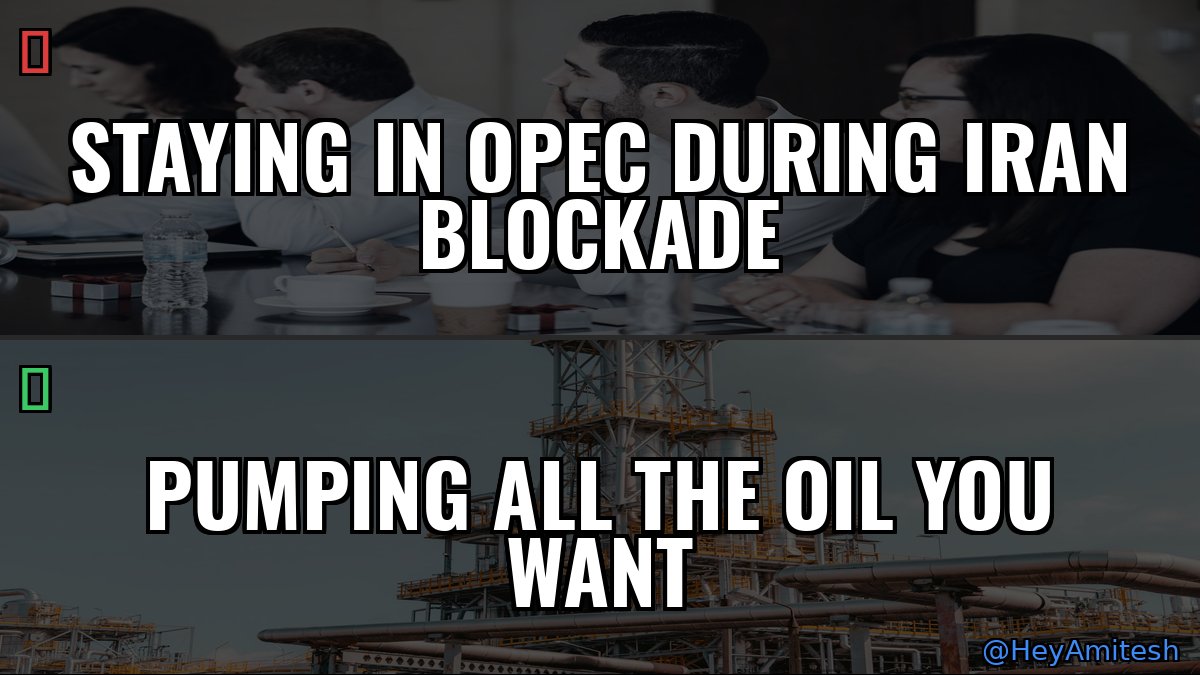 HeyAmitesh's tweet photo. UAE quits OPEC mid-Iran war. Not a coincidence. They're reading the same tea leaves everyone else is: long US blockade means Iran's oil offline for months, maybe years. Why stay in a cartel that limits your production when your biggest regional competitor just got kneecapped? https://t.co/YeugY9iEKc