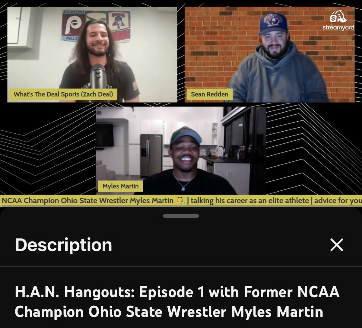 wtdssports's tweet image. Had a blast chopping it up with Former NCAA Champion Ohio State Wrestler Myles Martin about wrestling &amp;amp; life 🤼‍♂️

Check out the full H.A.N. Hangouts Podcast: Episode 1 youtube.com/live/b_J1LNmNb… 🔗

#NCAA #wrestling #Podcast #YouTube #College