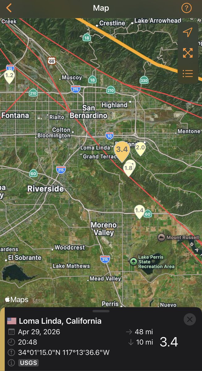 OC_Scanner's tweet image. BREAKING 🚨🚨

#SanBernardino / #California 

A magnitude 3.4 earthquake just struck near San Bernardino/Loma Linda. Moderate shaking felt in the Inland Empire