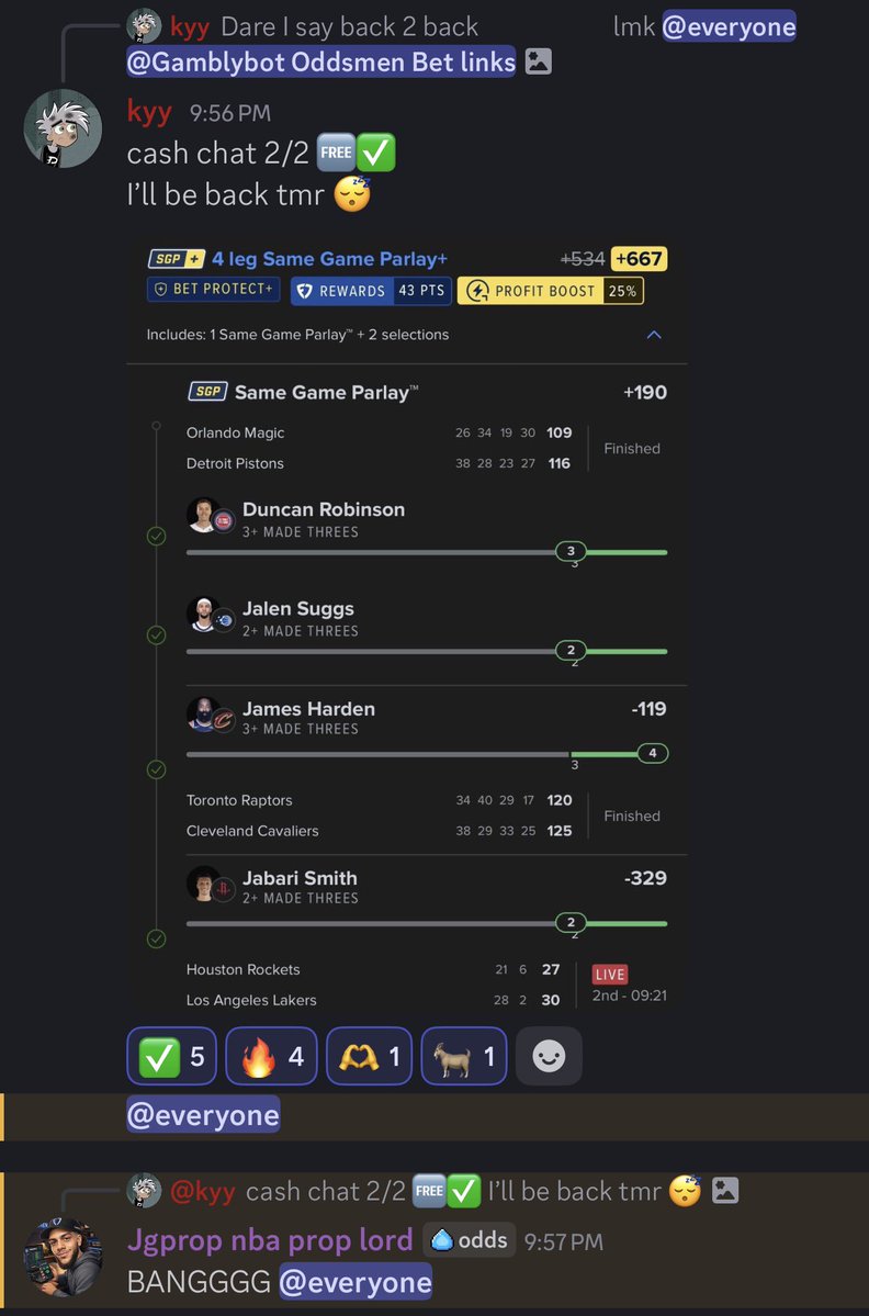 cash chat going CRAZY tonight 😮‍🔥

FREE went 2/2 ✅
4-leg SGP cashed with ease 💰
threes were falling all night 🎯

if you not tapped in yet… what are you doing 😭
more plays tmr, we not slowing down

link in bio 🔗