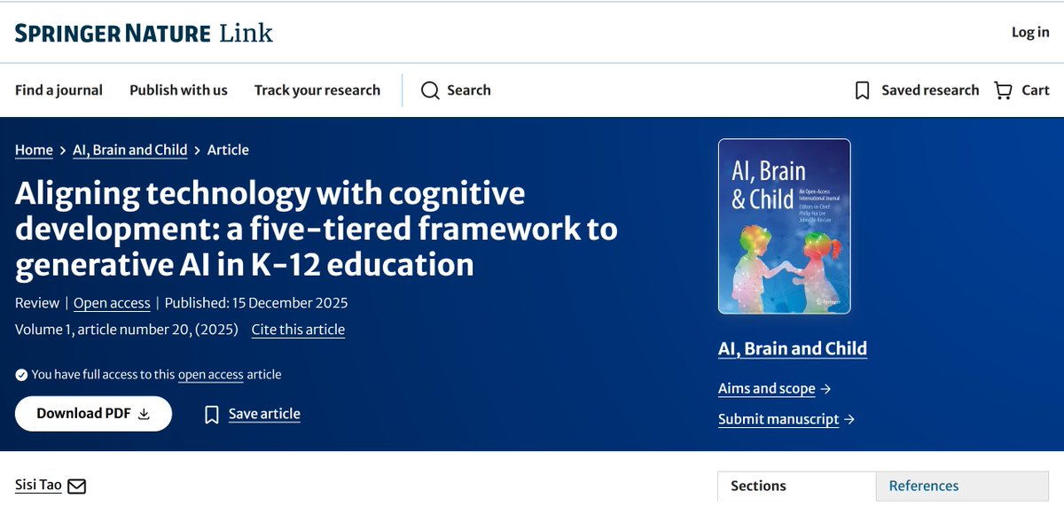 GAELDH_EdUHK's tweet image. 🔍Research Spotlight

🧠 Ban or Embrace AI in K-12?
Dr Sisi Tao proposes a 5-tier "structured empowerment" framework in AI, Brain and Child, aligning AI use with cognitive stages.
🔗 doi.org/10.1007/s44436…

#EdTech #AIinEducation #K12 #GenerativeAI #AI_Brain_and_Child