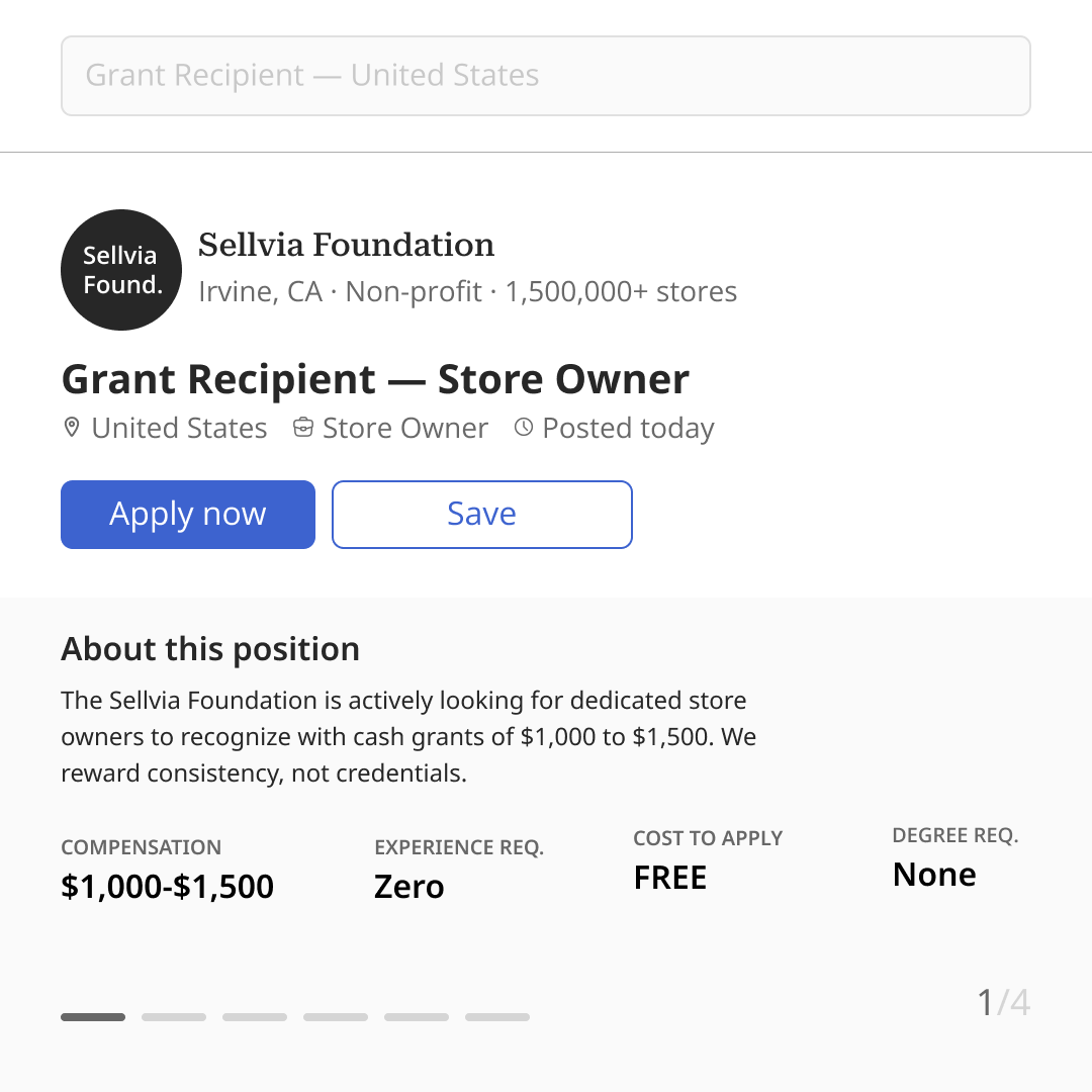Sellvia_Fdn's tweet image. Attention! The Sellvia Foundation is looking for grant recipients. Swipe through the carousel to learn all the requirements. 

Want to be the next Sellvia Foundation grant recipient? Head to our bio.

#grants #ecommerce #solopreneur