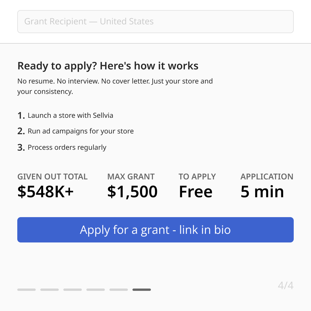 Sellvia_Fdn's tweet image. Attention! The Sellvia Foundation is looking for grant recipients. Swipe through the carousel to learn all the requirements. 

Want to be the next Sellvia Foundation grant recipient? Head to our bio.

#grants #ecommerce #solopreneur