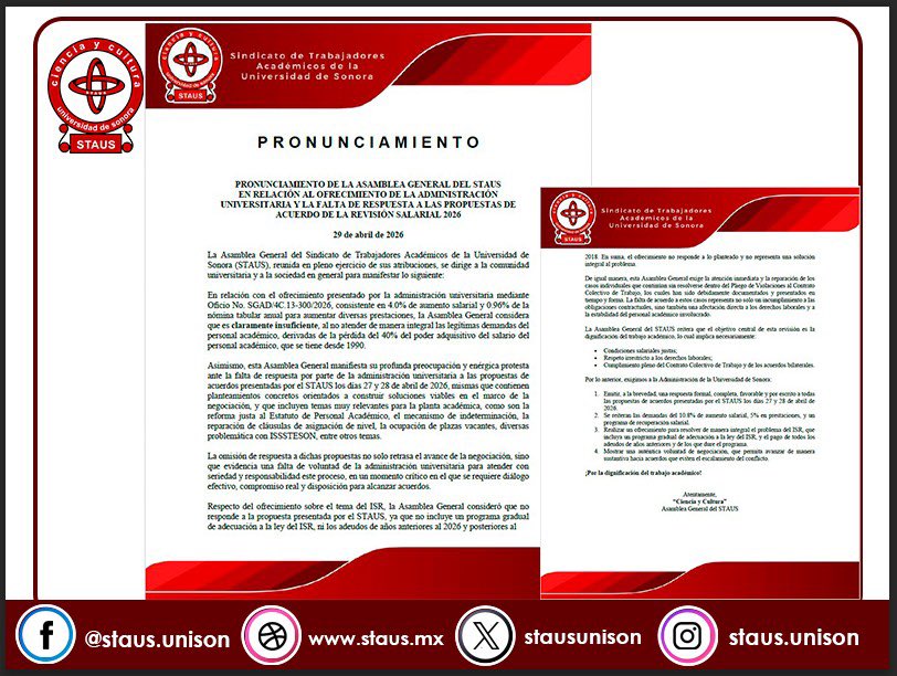 stausunison's tweet image. 🚨La Asamblea General del #STAUS rechaza el ofrecimiento de la @SoyUnison por ser claramente insuficiente.

Denunciamos la falta de voluntad de la administración para responder a propuestas sobre el salario, ISR e ISSSTESON.

¡Exigimos dignificación del trabajo académico, no