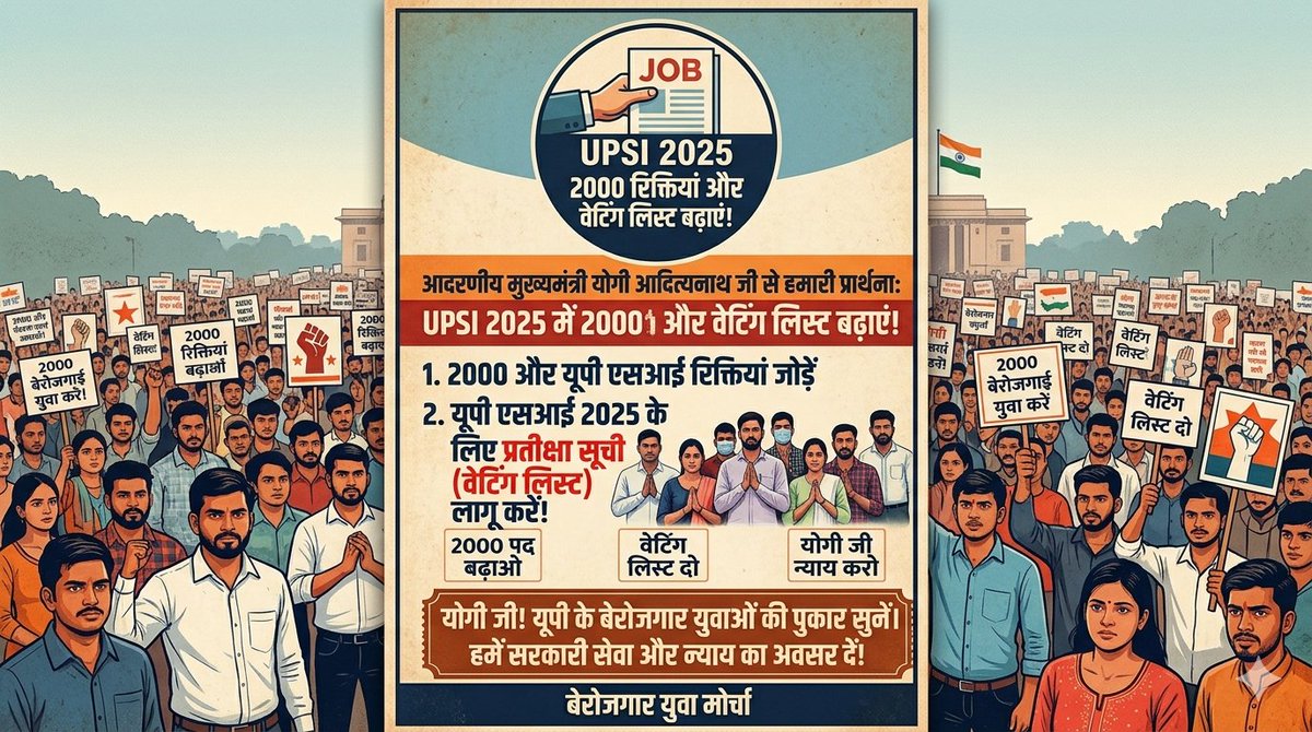 01. वर्तमान में प्रक्रियाधीन UPSI भर्ती में कम से कम 2000 पदों की वृद्धि की जाए।
02. रिजल्ट के साथ व्यक्तिगत एवं सार्वजनिक रूप से स्कोरकार्ड और रैंक सूची जारी 
#UPSI_INCREASE_2000_POST
#UPSI_GIVE_SCORECARD
#UPSI_GIVE_WAITING_LIST
<a href="/myogiadityanath/">Yogi Adityanath</a> <a href="/myogioffice/">Yogi Adityanath Office</a> <a href="/CMOfficeUP/">CM Office, GoUP</a> <a href="/UPGovt/">Government of UP</a>