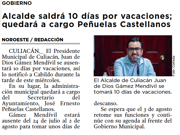Una tarde antes del secuestro de El Mayo, el alcalde de Culiacán pidió licencia para una vacación de diez días. Ni Rocha -que tomó un avión PARTICULAR de forma intempestiva- ni Juan de Dios Gámez Mendívil estuvieron en la ciudad ese día. Una extraña coincidencia que poco se