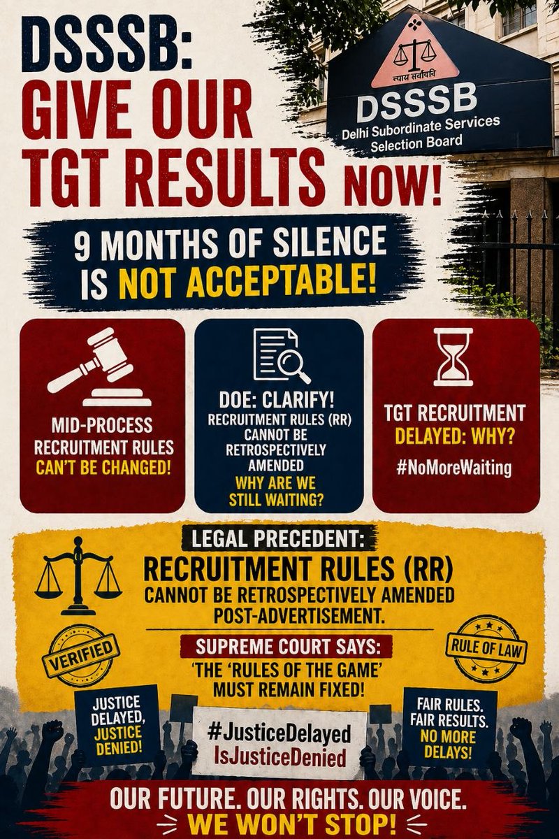 RohitTiwaree7's tweet photo. Hon'ble @LtGovDelhi, thousands of TGT aspirants (Postcodes 803/24-808/24) await results delayed for 8 months. As per Advt para 7(vi) &amp; 6(xi), there is no ground for delay regarding reserved category nominations. Please intervene for justice and our "peace" of mind
@Dir_Education https://t.co/LGlBqLwAn4