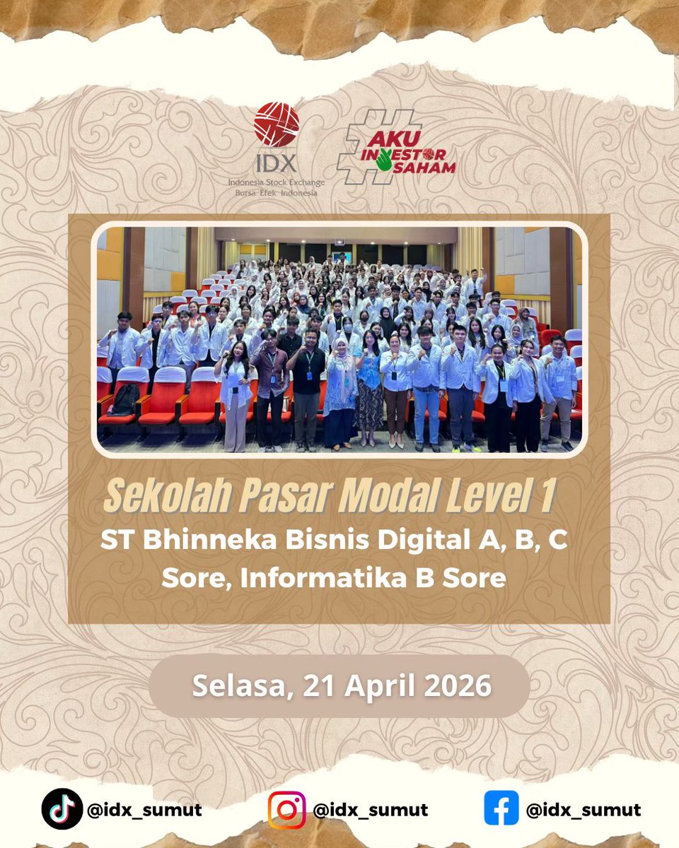 idx_sumut's tweet image. Ahhooii Sobat IDX!! 🙌🏻
SPM Level 1 ST Bhinneka hadir untuk bantu mahasiswa pahami dasar investasi 📊💡

Mulai dari pasar modal, instrumen, hingga cara investasi aman &amp;amp; sederhana.

Yuk mulai investasimu dari sekarang! 🚀

#IDX #SPMLevel1 #YukInvestasi